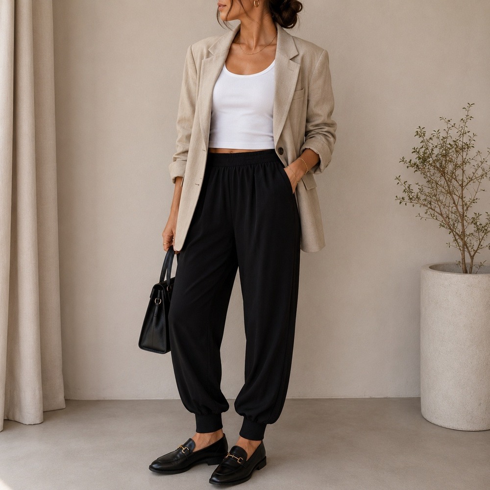 Black Jogger Pants Women Medium Elastic Waist Ribbed Cuffs Minimalist Date Night - Picture 7 of 8